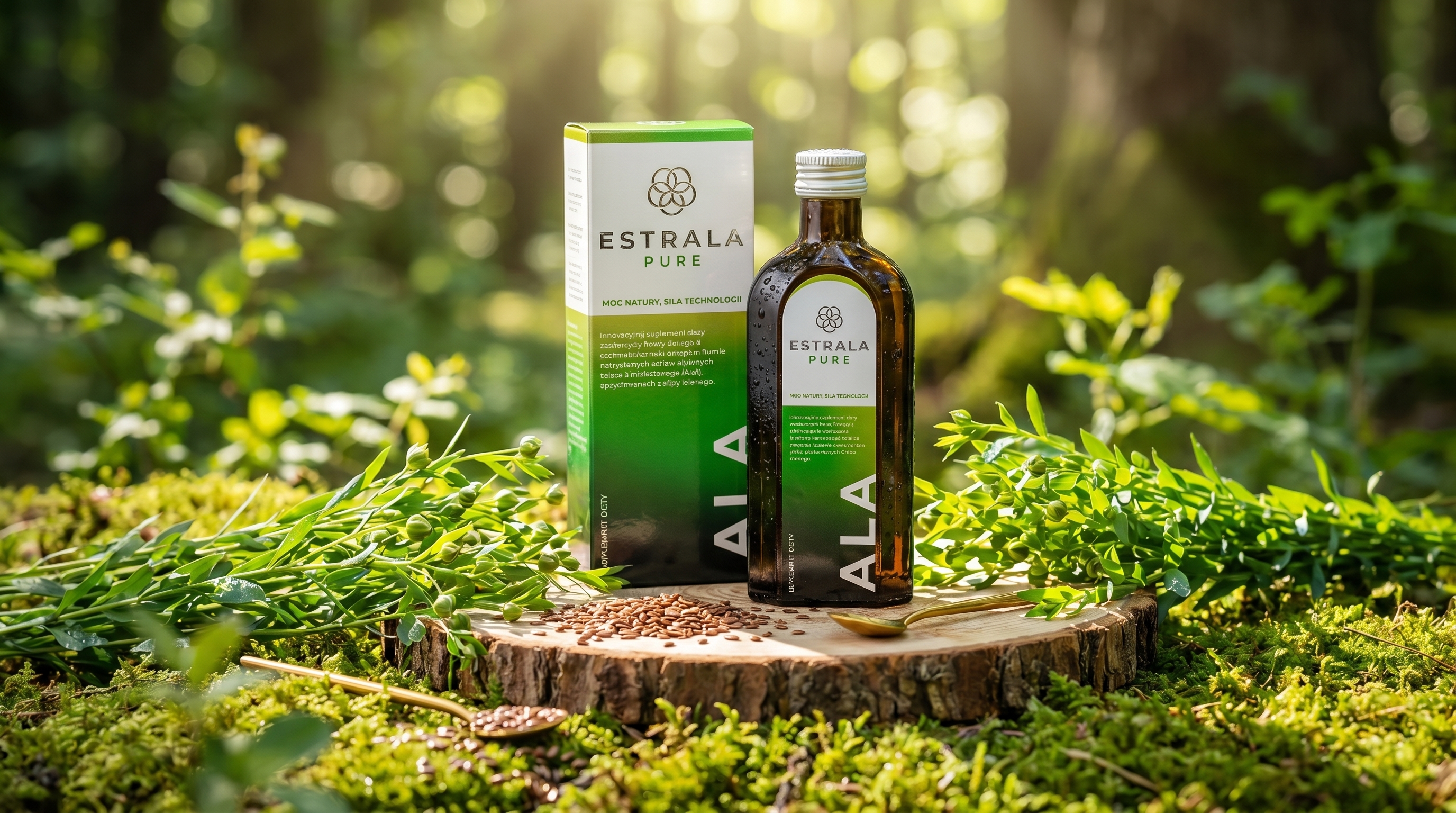 ESTRALA Pure ALA — Flasche und Verpackung in natürlicher Umgebung